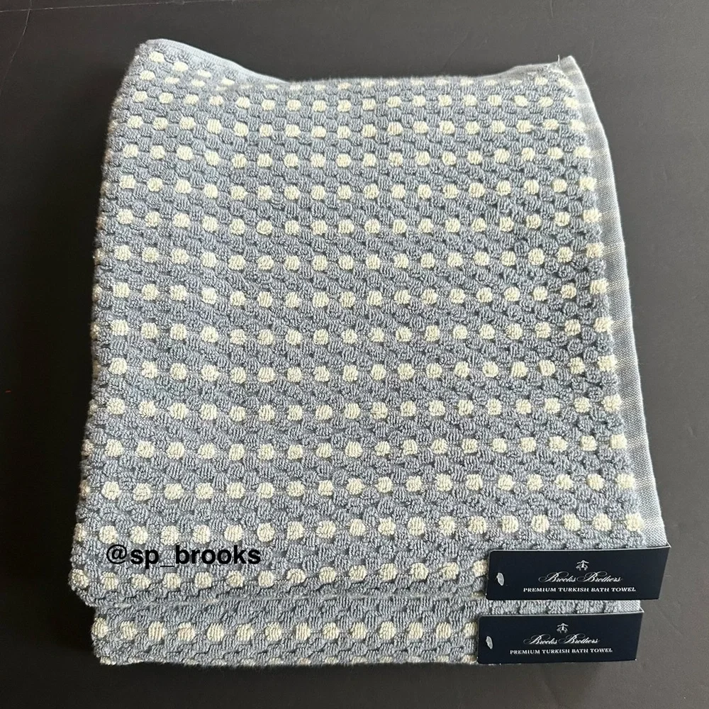 🎁2PC Brooks Brothers Premium Turkish Cotton Bath Towels -Waffle Blue & Ivory